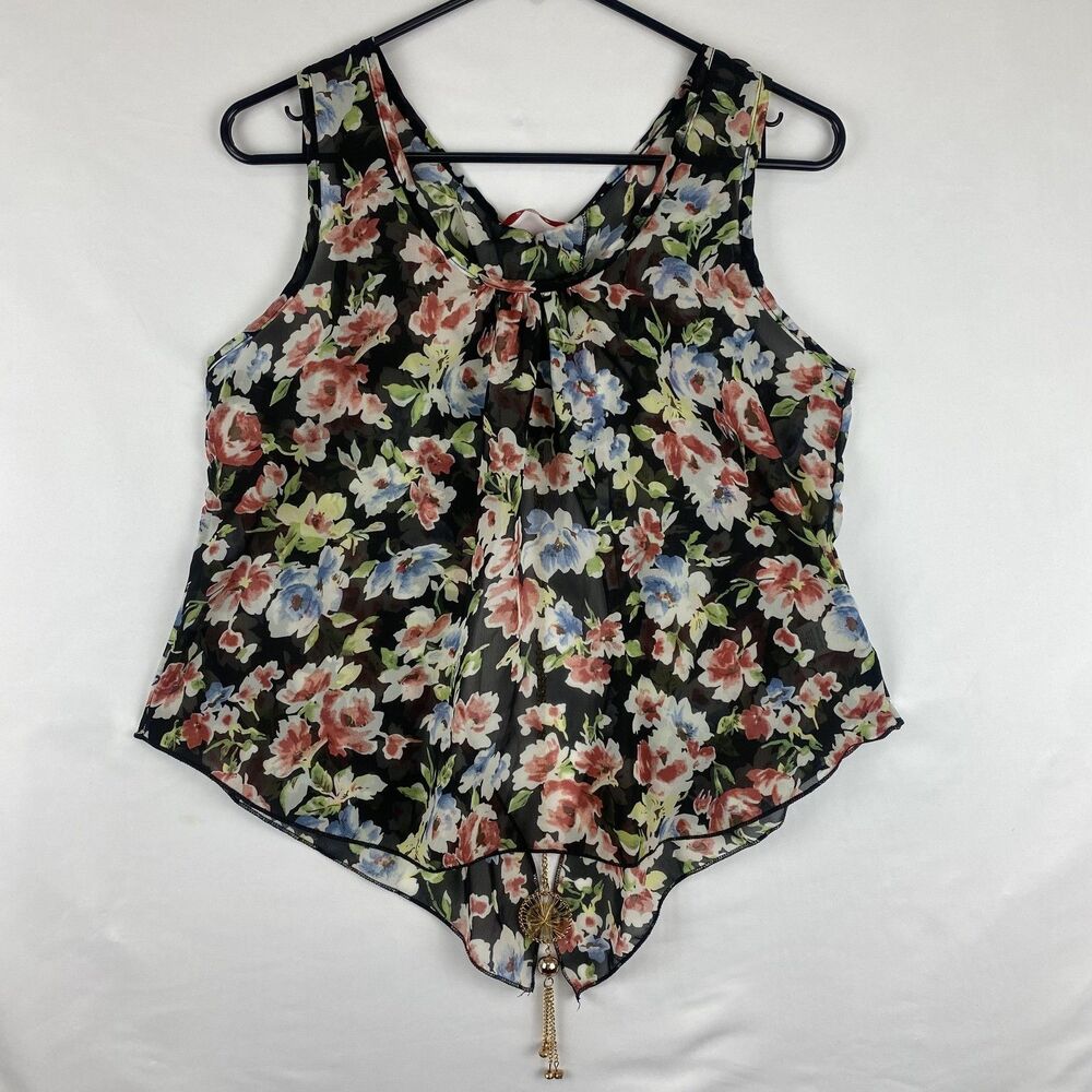 Women’s Sheer Floral Sleeveless Top Black Multicolor Lightweight Size M - Picture 2 of 6